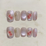 Qfdian  10pcs Rose Girl Press on Nails Sweet Pearl Bowknot False Nails Cat Eye Gold Foil Acrylic Fake Nails French Short Square Nail Art