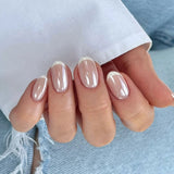 Qfdian 24Pcs Golden French Fake Nail with Almond Head Design Simple Oval False Nails Wearable Press on Nails Full Cover Nail Tips