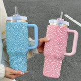 Qfdian  Diamond Thermos Cup With Handle 304 Stainless Steel Vacuum Flasks Portable Car Coffee Cup Insulated Thermal Water Bottles