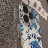 Qfdian  Blue Premium Flower Phone Case For iPhone 16 15 14 13 12 11 Pro Max Mini X XS SE 7 8 Plus 16E Shockproof Transparent Cover Funda