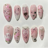 Qfdian  24pcs Sweet Cool Almond False Nails Y2k Red Ins Cherry Flower Bowknots Printed Press On Nails French Style Detachable Fake Nail