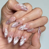 Qfdian  24pcs Press on Fake Nails Set Almond Wearable Simple French Flower False Nail Art Gold Beads Design Diamond Manicure Tips