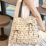 Qfdian Korean Sweet Y2k Aesthetic Chic Bow Print Underarm Bag Women Fashion Fairy Pleated Handbags Casual All Match Cute Shoulder Bags