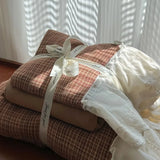 Qfdian  ‌Korean-Style Red Plaid Washed Bedding Set - Vintage Lace Trim 4-Piece/3-Piece Dorm Sheet & Duvet Cover Set