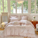 Qfdian  4/7Pcs Flowers Embroidery Lace Ruffles Wedding Bedding Set 1200TC Egyptian Cotton Duvet Cover Flat Bed Sheet Pillowcases