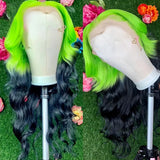 Qfdian Ombre Green Black Highlight Wig Synthetic Hair Loose Deep Wave Long Curly Wavy 13X4 frontal Colored Wigs for Women Party Cosplay