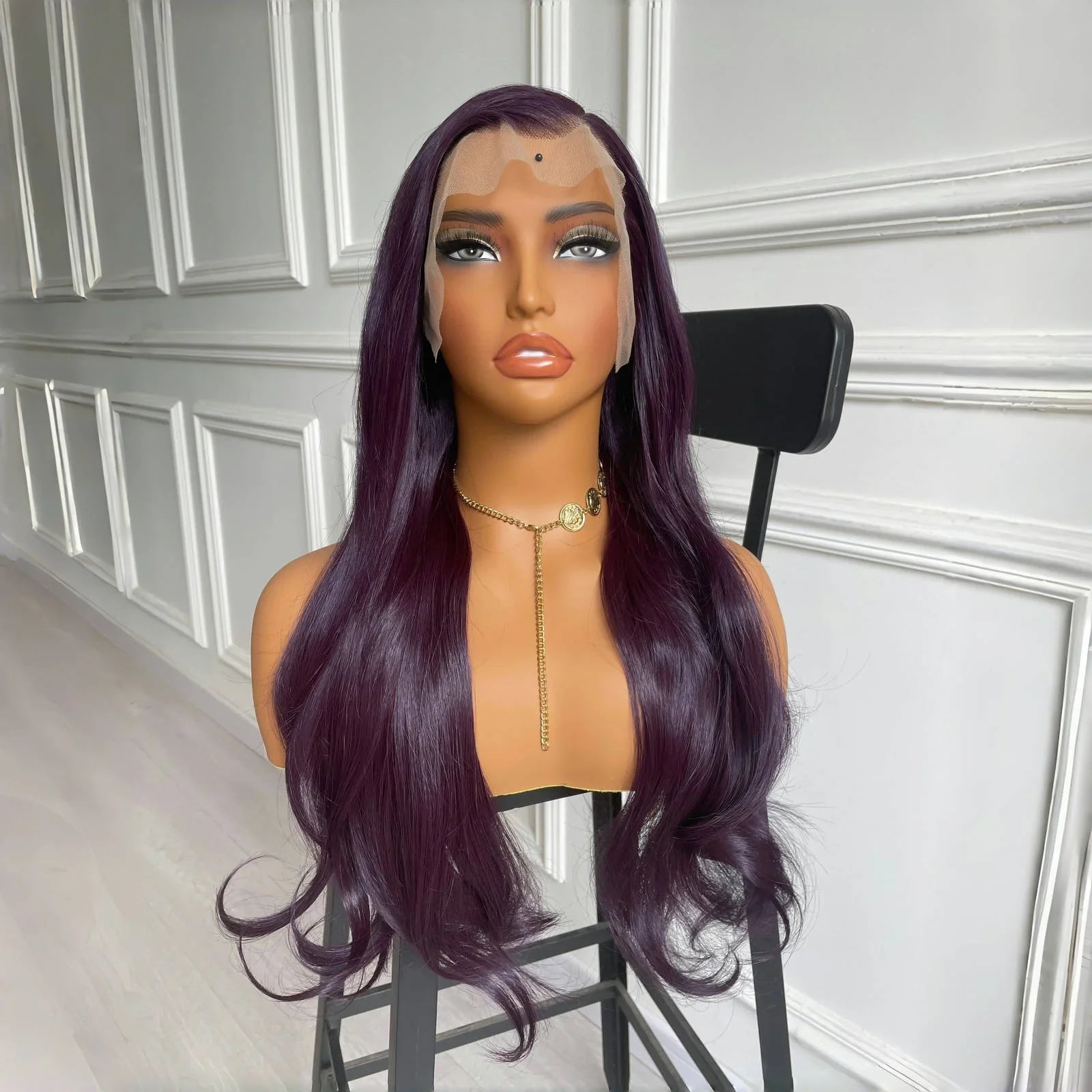 Qfdian 13X4 Dark Purple Wig Synthetic Hair Natural Wavy Lace Front Wig Body Wave Long Hair Colored Lace Frontal Wigs for Women Party