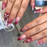 Qfdian  24Pcs Mid-length 3D Flowers Design Fingertips Sweet Butterfly Yellow Ripple Almond False Nails Detachable Full Cover Press Ons