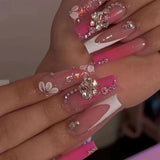 Qfdian 24Pcs Extra Long Square Fake Nail with Glue 3D Little Bear Bow Design False Nails White French Press on Nails Wearable Manicure