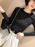 Qfdian  Fashionable Printed Slim Fit Elastic Long Sleeved Women's T-Shirt Korean Casual Thin Comfortable Round Neck with Women Top