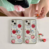 Qfdian 3D strawberry chain painting blue flower fruit phone case for iphone 12 15promax 14pro 13pro 15 pro max ins plating cover coque