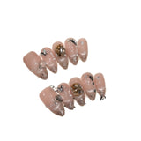 Qfdian Handmade Press on Nails Shiny Cat Eye French Fake Nails with Butterfly Rhinestone Wearable Detachable Glitter Almond False Nails