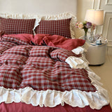 Qfdian  Plaid Bedding Set Vintage Lace Ruffles Duvet Cover Set Flat Sheets Set 2 Pillowcases Single Twin Full Queen Size Bed Set 3/4Pcs