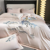 Qfdian 4Pcs New Chinese Style Landscape Embroidery Luxury Bedding Set Silky Duvet Cover Set Soft Quilt Cover Set Bed Sheet Pillowcases