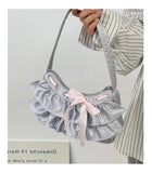 Qfdian Women All Match Fashion Office Lady Handbags Fairy Ruffled Bow Y2k Aesthetic Shoulder Bags Causal Vintage Elegant Underarm Bag