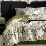Qfdian Vintage Green Botanical Flowers Duvet Cover Set 600TC Egyptian Cotton Luxury Soft Bedding Set Fitted Sheet Bed Sheet Pillowcases