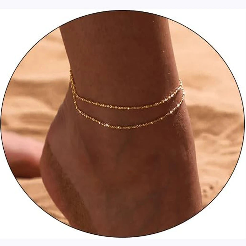 Ankle Bracelets for Women, Plated Layered Beads Anklets Bracelets for Women Girls Summer Jewelry Gifts