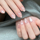 Qfdian 24pcs Simple Almond False Nails Sets Blush Design Press on Nails Art Datachable Short Oval Fake Nail with Jelly Glue Manicure