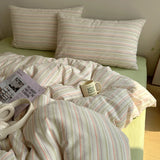 Qfdian  Nordic Bedding Set Pure Cotton Striped Duvet Cover Set Soft Flat Sheet Single Queen Size Double Bed Sheet Set For Bedroom Decor