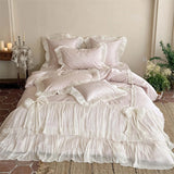 Qfdian  4Pcs Pink Ruffle Bow Lace Princess Wedding Bedding Set Lyocell Cotton Jacquard Duvet Cover Silky Soft Bed Linens Queen King Size
