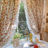 Qfdian  American Ruffled Edge Curtains, Lace French Countryside Style Printed Rose Bedrooms, Ins Style Bay Windows, Screen Curtains,