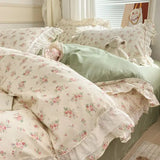 Qfdian Princess Style Lace Ruffles 100% Cotton Bedding Set Floral Pastoral Style Duvet Cover Flat/Fitted Bed Sheet Pillowcases 3/4Pcs
