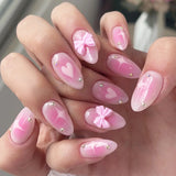 Qfdian  24pcs Nude Pink Almond False Nails Glossy Bowkots Decor Press On Nails Full Cover Short Round Sweet Korean Style Fake Nail Tips