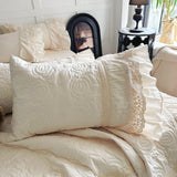 Qfdian  Rose Embossing Quilted Duvet Cover Set Vintage Lace Ruffles Pure Cotton Bedding Set Bed Sheet Pillowcases