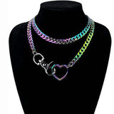 Qfdian  Rainbow Metal Cuban Long Layered Necklace for Women Adjustable Y-Shape Choker Chain Colorful Heart O-Ring Chunky Chain Jewelry