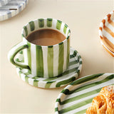 Qfdian  280ml/9.5oz afternoon tea coffee cup, Minimalist striped hand drawn cup and plate set, ceramic milk coffee cup, household drinki