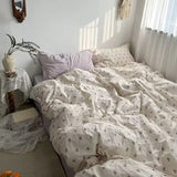 Qfdian Ins Korean Pastoral Flower Bedding Set Purple Bed Flat Sheet Pillowcase Twin Full Queen Size Bed Linen Women Girls Duvet Cover