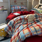 Qfdian  3pcs RED PLAID Duvet Cover Set (1*Duvet Cover + 2*Pillowcase, Without Core),soft fabricBedding Set
