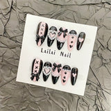 Qfdian 10Pcs Almond Handmade Press On Nails Middle Length Black Pink Color Fake Nails False Ballet Shoes Design Hearts Bows Decoration