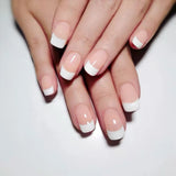 Qfdian 24Pcs Nude White French Fake Nail Short Square Nail Tips Fashion Wearable False Nails with Glue Simple Full Cover Press on Nails