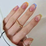 Qfdian  24pcs White Blue Press on Nails Short Square False Nails Wave Simple Lines Stick on Nails Colorful French Fake Nail Summer Fresh