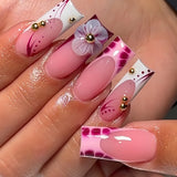 Qfdian 24Pcs Pure White French Press on Nails Long Square Head False Nails with Pearl Pink Bow Design Ballet Wearable Fake Nails