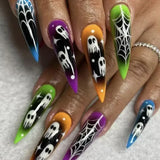 Qfdian  24Pc Halloween False Nails with Almond Head Designs Cute Clown Fake Nails French Full Cover Manicure Press on Nail Tips for Girl