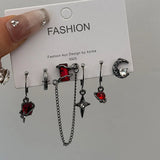 Qfdian  6PS Goth Trendy Red Crystal Star Moon Cross Tassel Pendant Earring Set For Women Men Vintage Punk Y2K Grunge Jewelry Accessories