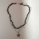 Qfdian  Punk Y2K Metal Cross Star Black Heart Pendant Multi Layer Bead Necklace For Women Men Vintage Gothic Charm Grunge Jewelry Gift