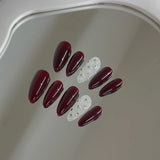 Qfdian Luxury Handmade Almond Press on Nails Vintage Red Diamond Design Reusable False Nails Acrylic Full Cover Nail Tips Nail Art