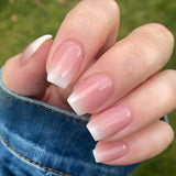 Qfdian 24Pcs Gradient Short Ballet Nails Set with Glue White Simple False Nails Coffin Fake Nail Press on Nails Full Cover Nail Tips