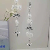 Qfdian INS Korea Pearl Bow Knot Heart Charm Phone Pendant Crystal Wristband Keychain Bracelet Lanyard Cord