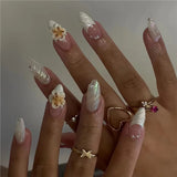 Qfdian 24pcs French Press on Nails Art Simple Pink Flower Star Design False Nail Tips Finished Mid-length Almond Fake Nail Set Manicure