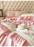 Qfdian 100% Cotton Korean Princess Style Rose Flower Print Ruffles Bedding Set Duvet Cover Bed Sheet/Fitted Sheet/Bed Skirt Pillowcases