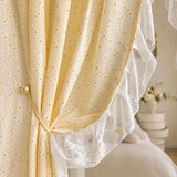 Qfdian  Light Yellow Daisy French Vintage Ruffle Lace Flower Semi Blackout Curtains Cotton Linen Window Door Cabinet Drapes for Bedroom