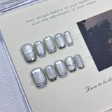 Qfdian  10pcs Aurora Chrome Press on Nails Short Square Solid Color Fake Nails with Geometric False Nails Glitter Blue Cat Eye Nail Art