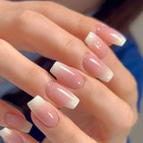 Qfdian 24Pcs Simple French Fake Nail with Gradient White Design Short Square Head False Nails Wearable Finished Manicure Press on Nails