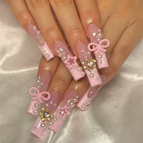 Qfdian 24Pcs Extra Long Square Fake Nail with Glue 3D Little Bear Bow Design False Nails White French Press on Nails Wearable Manicure