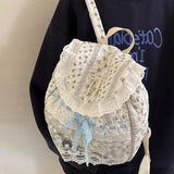 Qfdian Korean Lace Patchwork Sweet Bow Backpack Women Students Chic Flower Print Bow Schoolbags Y2k Aesthetic Girls All Match Backpacks