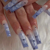 Qfdian 24Pcs Extra Long Square Fake Nail with Glue 3D Little Bear Bow Design False Nails White French Press on Nails Wearable Manicure